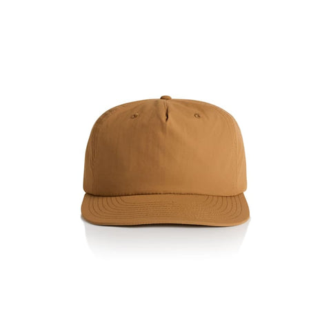 A cap in a warm brown colour with a curved brim and a logo on the front.