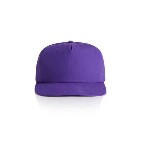 A purple cap featuring a structured front panel and a curved brim, with a logo on the side.