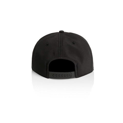 A black cap with a rounded back and an adjustable strap, featuring a logo on the side.