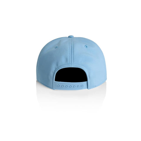 A light blue cap with an adjustable strap at the back and a logo on the side.