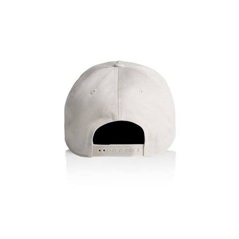 A white cap with a black underside, featuring a strap at the back and a logo.