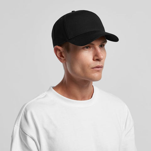 A black cap with a curved brim and adjustable back, featuring a logo on the front.