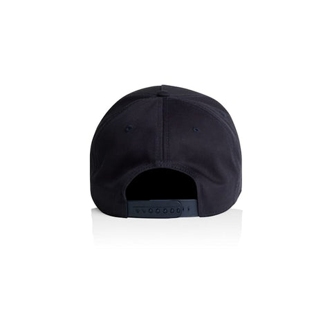 A navy cap featuring a fitted style and an adjustable strap at the back. It includes a branding logo.