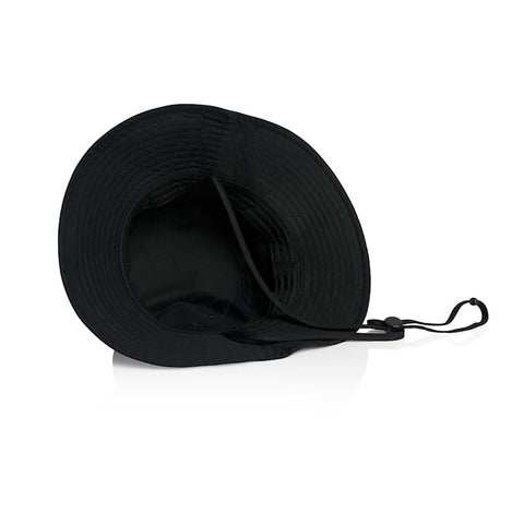 A black wide brim bucket hat with an adjustable strap, featuring an interior lining and a logo.