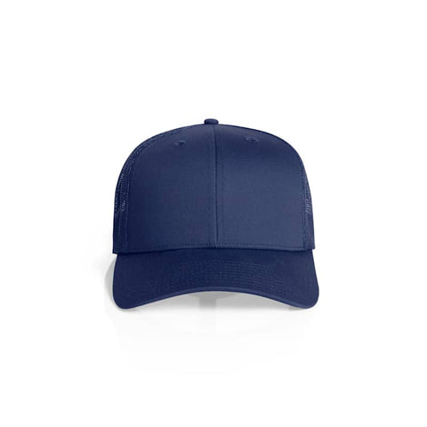 A navy Mesh Trucker Cap with a solid front panel and mesh back. It features a logo on the front.